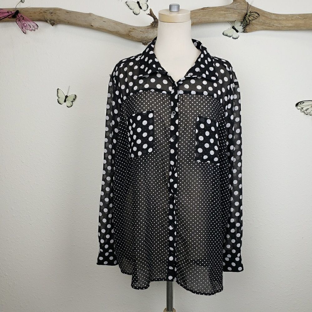 Torrid color blocked sheer polka dot blouse